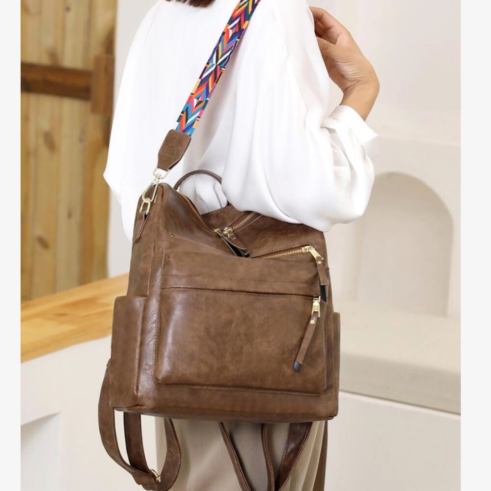 Luxe Vegan Leather Colorful Strap Backpack Shoulder bag - Picture 4 of 14
